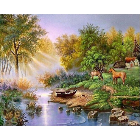 Horses Grazing by the Lake