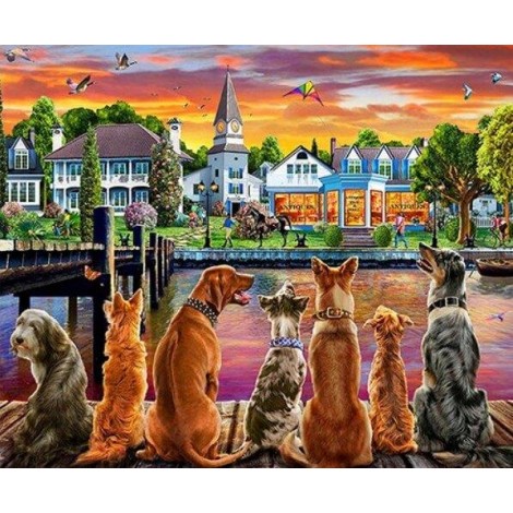 Group of Dogs Beside the Lake