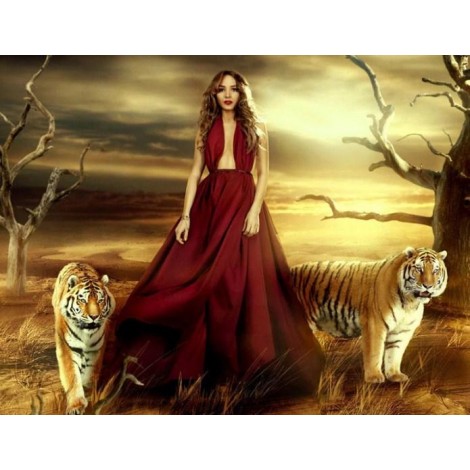 Girl & Tigers Diamond Painting Kit