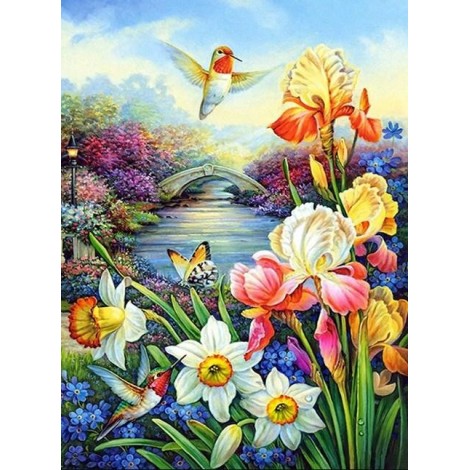 Pair of Humming Birds & Flowers