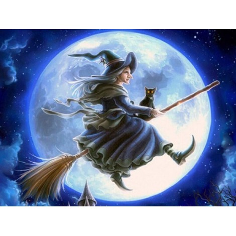 Halloween Witch & Cat on Broom