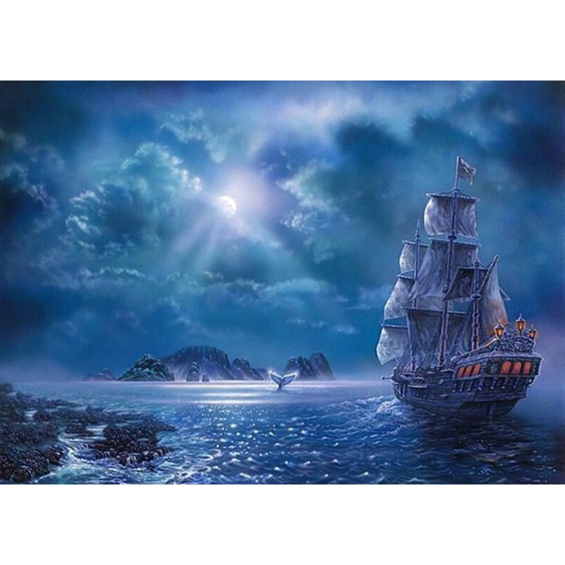Ship in Ocean at Nig...