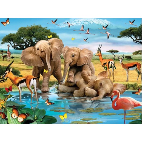 Elephant Babies Playing at Water Pond
