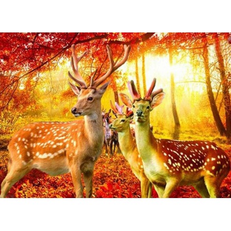 Red Autumn Forest & Deer Diamond Painting
