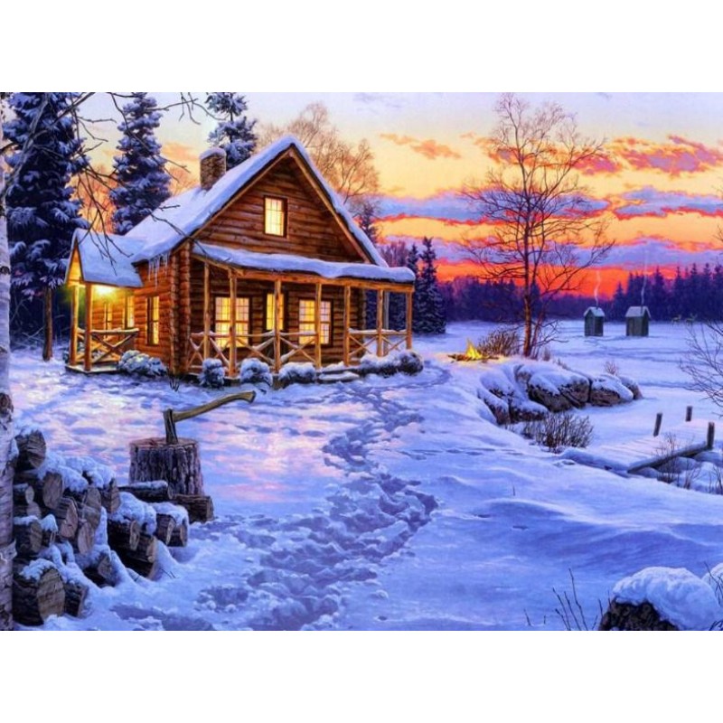 Log Cabin in Snow - ...