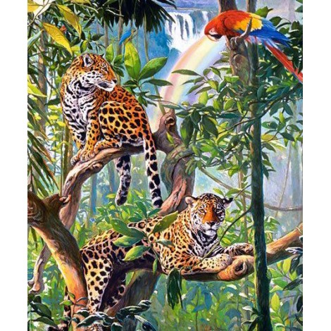 Parrot & Leopards on Trees - DIY Diamond Painting