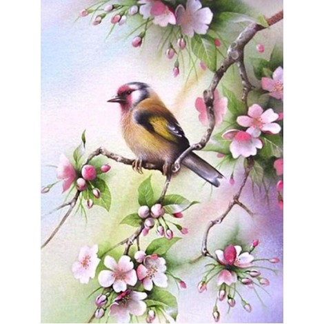 Bird Sitting on Pink Floral Branch