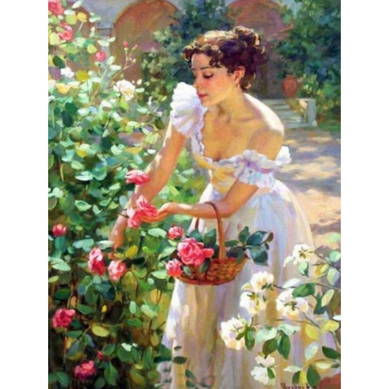 Lady Picking Roses -...