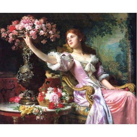 Lady in Pink Dress with Flowers