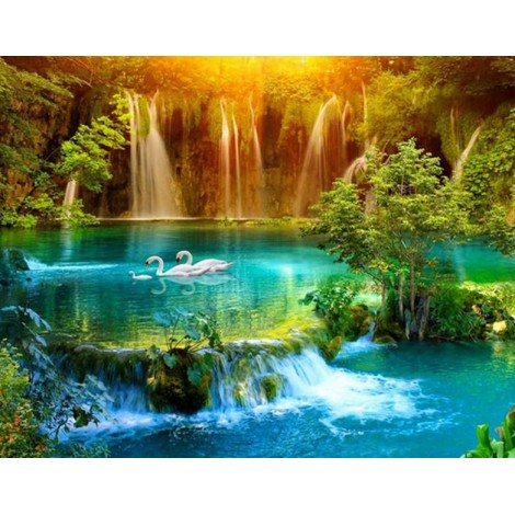 Beautiful Waterfall & Swans Family