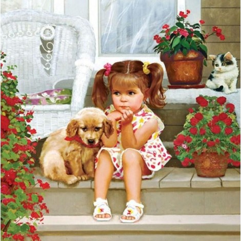 Cute Girl with her Puppy & Kitten