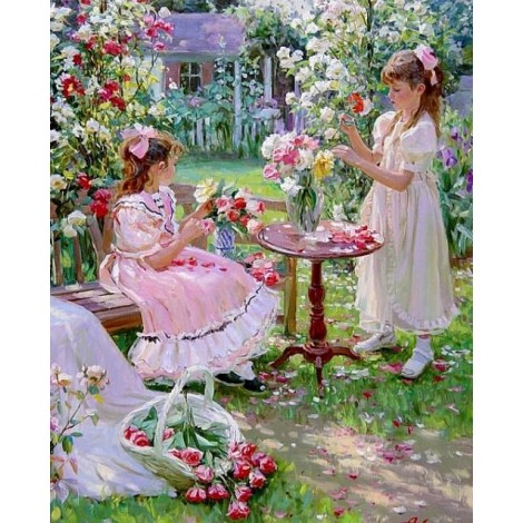 Girls Plucking Flowers in the Garden