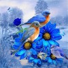 Blue Flowers & Birds in Snow